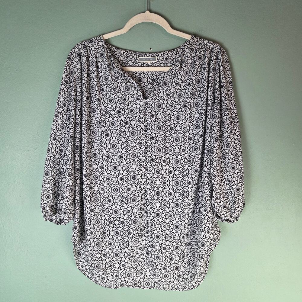 Pleione Womens Large White Black Split Neck Geometric Blouse Top 3/4 Sleeve